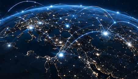 Global network of connected routes across the earth at night